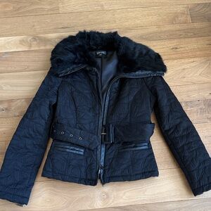 Bebe Black Quilted Jacket with belt has a Fur Collar size S